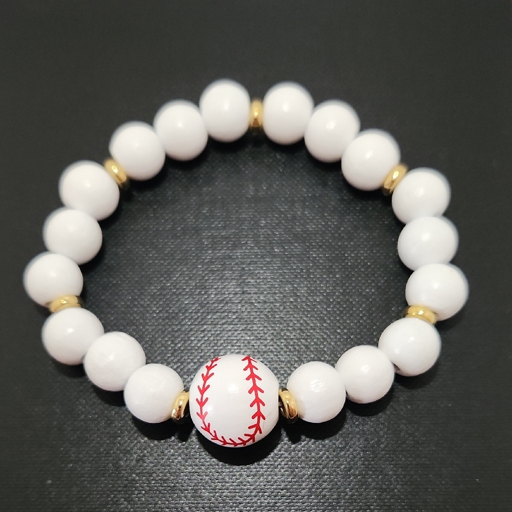 White Beaded Baseball Print Bracelet